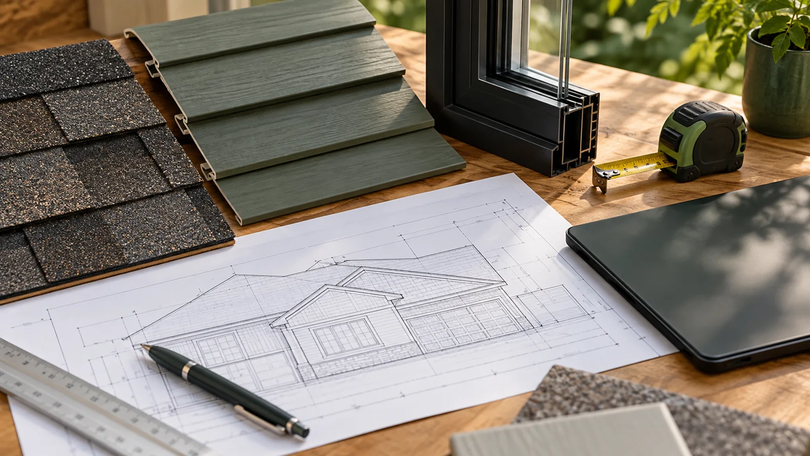 Roofing, siding, and window samples with a project plan