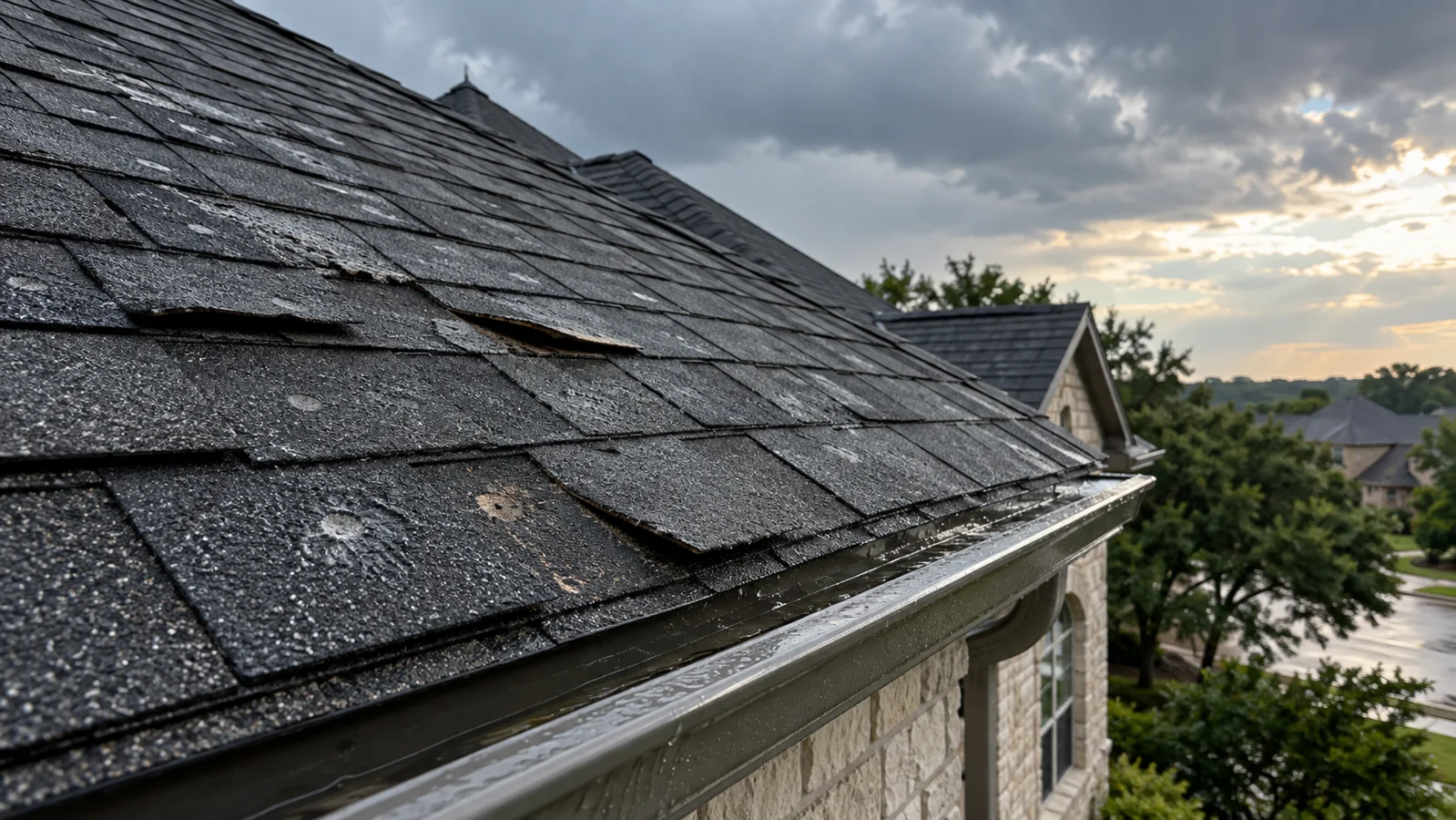 Residential roof after a storm under a clearing sky