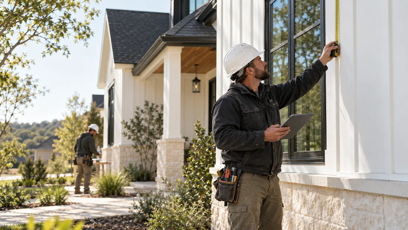 Contractor measuring an exterior wall beside a window