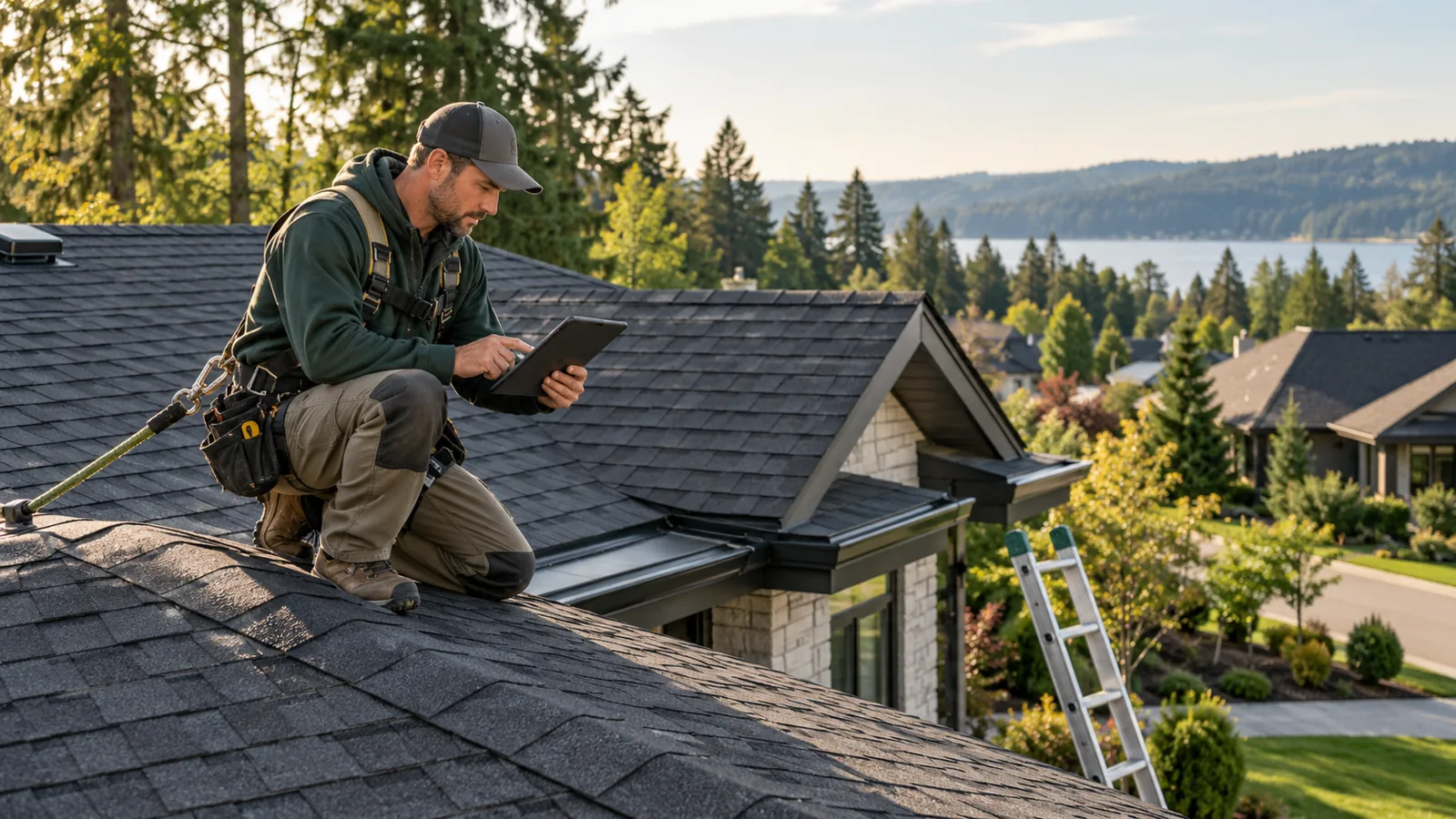 Roofing contractor reviewing a roof on site
