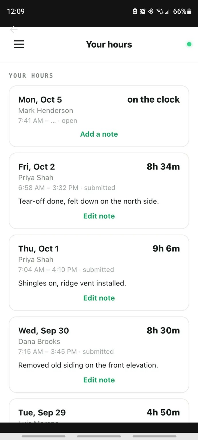 Tekdek Onsite hours screen with recorded shifts and work notes