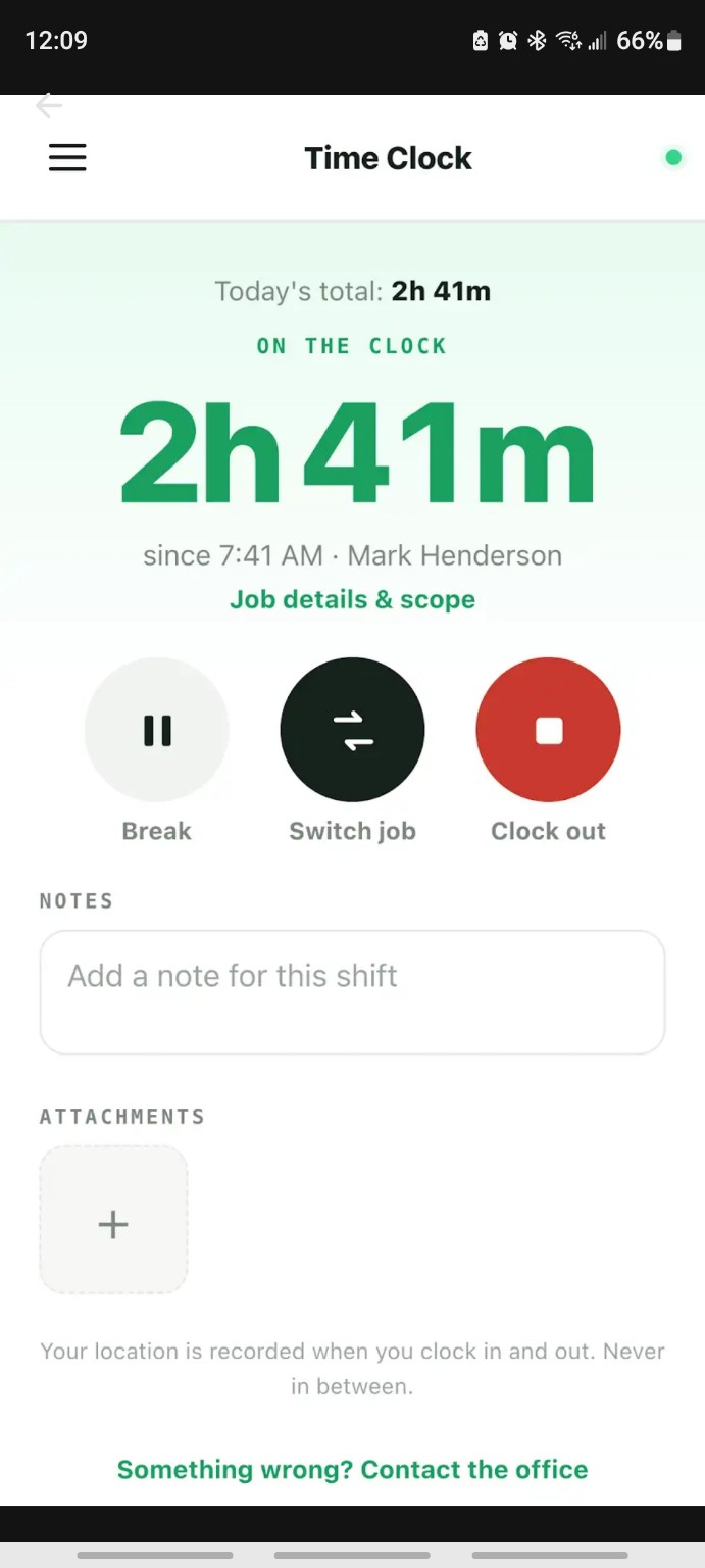 The Tekdek Onsite Time Clock screen showing breaks, job switching, clock-out, shift notes and attachments