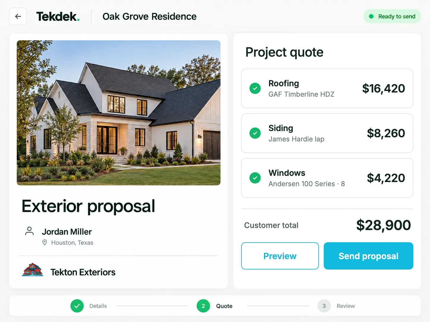 An exterior proposal on a tablet with roofing, siding and windows each priced and one customer total